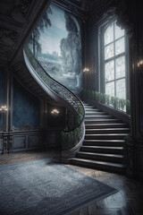 Fototapeta premium Castle staircase backdrop, luxury, interior design. AI generative