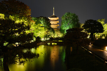 To-ji Temple pagoda illuminated at night, Kyoto, Japan.