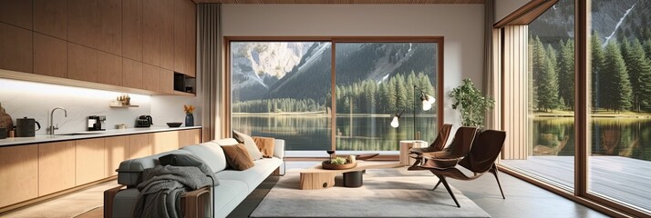 a luxury and modern open plan living room, and kitchen space with indoor plants and modern furniture overlooking a lakeside alpine landscape, mountain lodge-inspired,  AI-generated