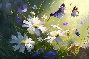 Beau champ de fleurs de prairie de camomille et de cloches sauvages violettes et trois papillons volants dans l'herbe verte du matin au soleil, paysage naturel. ai générative  - obrazy, fototapety, plakaty
