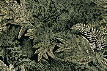 tile. Seamless pattern with golden fern leaves on black background. Generative AI - obrazy, fototapety, plakaty
