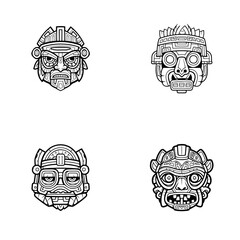 Maya Mask Vector Cartoon Style, Vector Line Art, Icon Design, Coloring page Simple Mascot, Set of black and white vector illustrations
