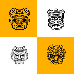 Maya Mask Vector Cartoon Style, Vector Line Art, Icon Design, Coloring page Simple Mascot, Set of black and white vector illustrations