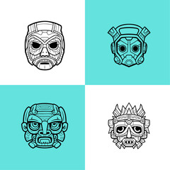 Maya Mask Vector Cartoon Style, Vector Line Art, Icon Design, Coloring page Simple Mascot, Set of black and white vector illustrations