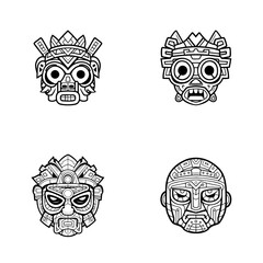 Maya Mask Vector Cartoon Style, Vector Line Art, Icon Design, Coloring page Simple Mascot, Set of black and white vector illustrations