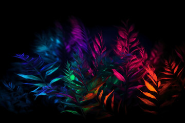 Fototapeta na wymiar Defocused neon overlay. Blur led glow. Leaf texture glare. Blur fluorescent purple red decorative illumination motion on dark black abstract background. AI generative