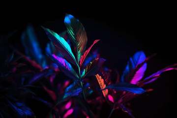 Defocused neon overlay. Blur led glow. Leaf texture glare. Blur fluorescent purple red decorative illumination motion on dark black abstract background. AI generative