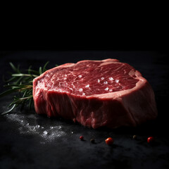 Fresh uncooked beef steak, black background. AI generative