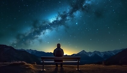 two people sitting on a bench looking at the stars in the night sky above them and a mountain range in the distance with a bright blue sky