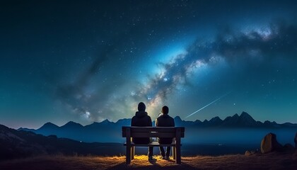two people sitting on a bench looking at the stars in the night sky above them and a mountain range in the distance with a bright blue sky