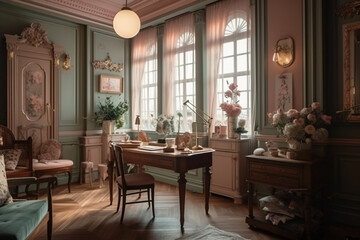 Luxurious office, in the style of light pastel colors, hand. AI generative