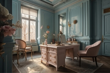 Luxurious office, in the style of light pastel colors, hand. AI generative