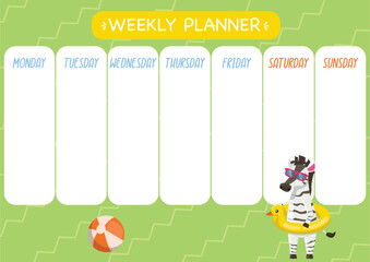 Childish cute week planner. Horizontal. With cute zebra, inflatable swim ring and ball. Vector graphic.