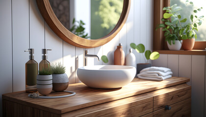 Scandinavian Bathroom interior. Modern White sink on wood counter with round mirror and flowers. Generation AI