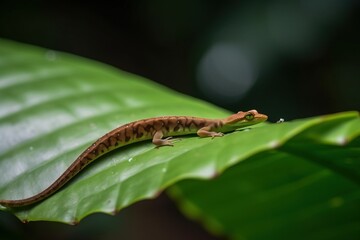 A gecko on a leaf in the rainfores
