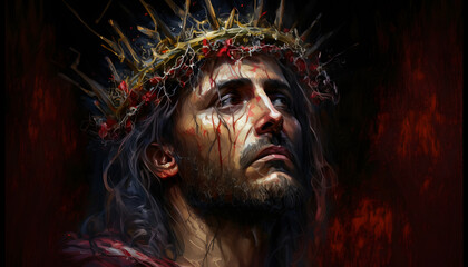 Jesus Christ in a crown of thorns. Oil painting. Generation AI