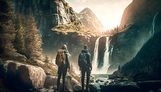 Back view couple tourist of hikers with backpack walks in tropical waterfall at sunset. Generation AI