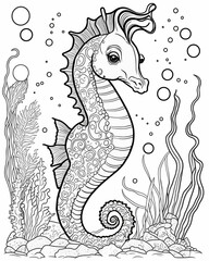 Coloring page for kids with seahorse, cartoon style