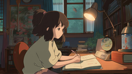 A tranquil atmosphere fills the room as a girl studies at her desk, surrounded by lo-fi and anime vibes. The messy yet modern interior, colorful artwork, relaxed and cozy atmosphere. Generative AI.