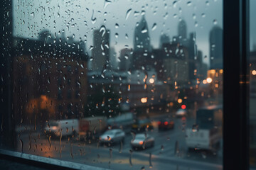 Photography of raindrops on the windows glass in focus with blured city skyline in the background. AI generative
