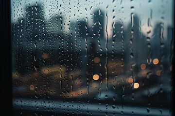 Photography of raindrops on the windows glass in focus with blured city skyline in the background. AI generative