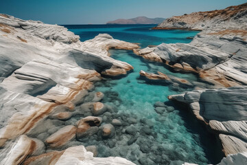 Fototapeta premium Experience the tranquil beauty of Milos island with its stunning rocky landscape and breathtaking sea views. Ai generated.