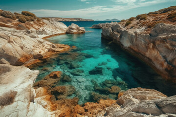 Experience the tranquil beauty of Milos island with its stunning rocky landscape and breathtaking sea views. Ai generated.