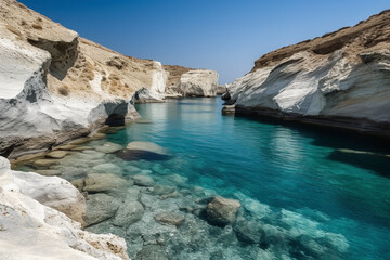 Experience the tranquil beauty of Milos island with its stunning rocky landscape and breathtaking sea views. Ai generated.