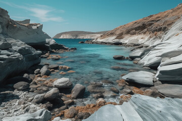 Fototapeta na wymiar Experience the tranquil beauty of Milos island with its stunning rocky landscape and breathtaking sea views. Ai generated.