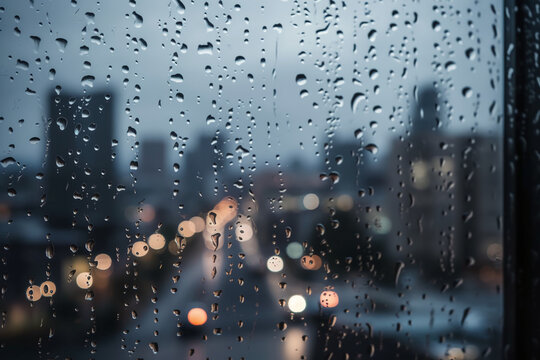 Fototapeta Photography of raindrops on the windows glass in focus with blured city skyline in the background. AI generative