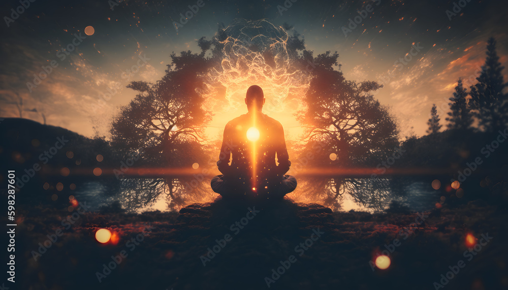 Wall mural yoga silhouette of human in cosmic space meditate with sun light. back view man practicing meditatio