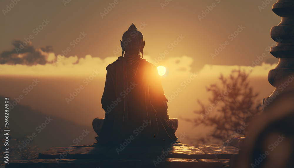 Wall mural yoga silhouette of human in cosmic space meditate with sun light. back view man practicing meditatio