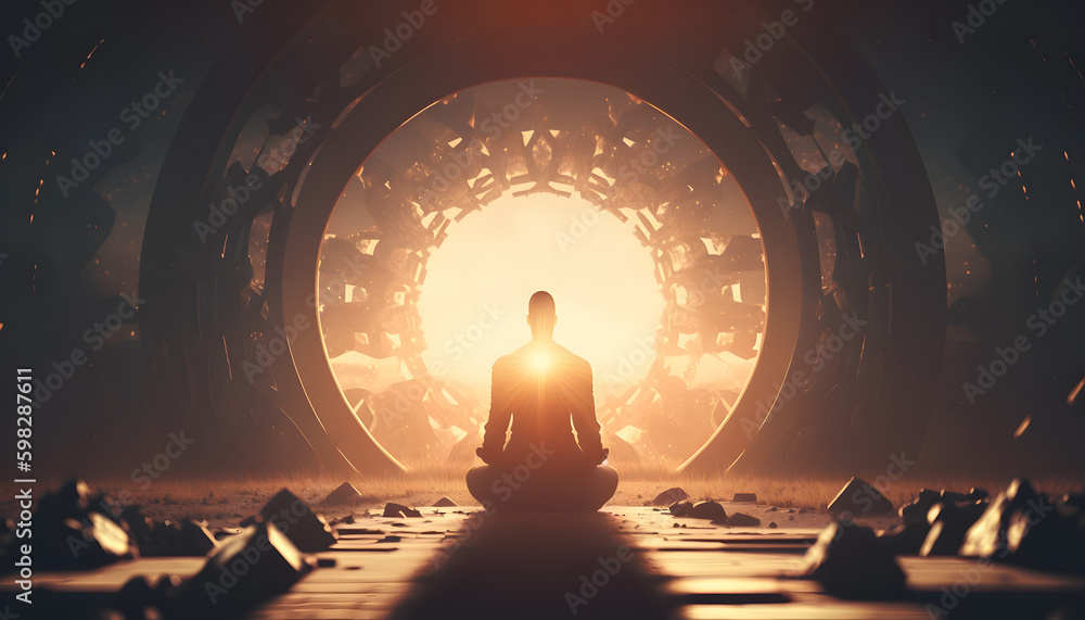 Wall mural yoga silhouette of human in cosmic space meditate with sun light. back view man practicing meditatio