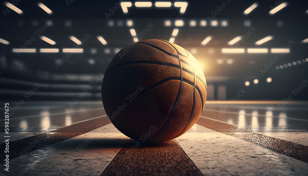 Wall mural Banner sports tournament Basketball, ball on dark background court with sun light. Generation AI