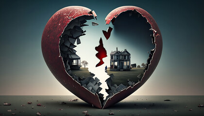 House is torn in half. Concept division of jointly acquired property in marriage during divorce of family. Generation AI