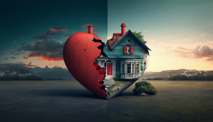 House is torn in half. Concept division of jointly acquired property in marriage during divorce of family. Generation AI