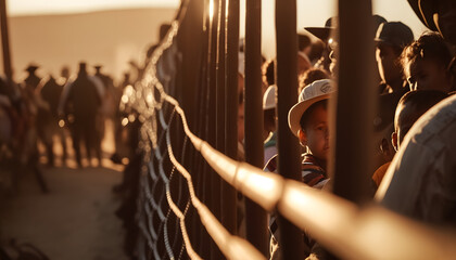 Refugee immigrants queue along high border of country. Generation AI - obrazy, fototapety, plakaty