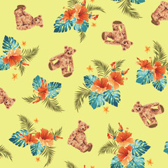 Hawaiian shirt pattern using cute bear and hibiscus,