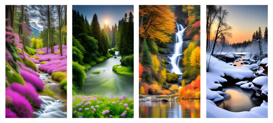 painting style illustration of a forest stream with four panels representing the different seasons