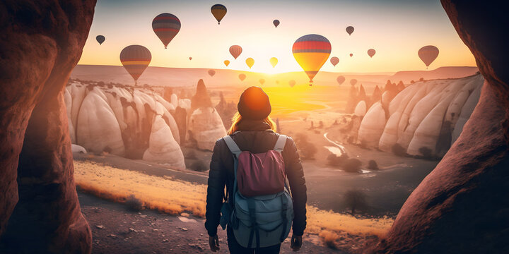 Tourist with backpacks background hot air balloon with sunset Cappadocia Turkey Travel banner. Generation AI