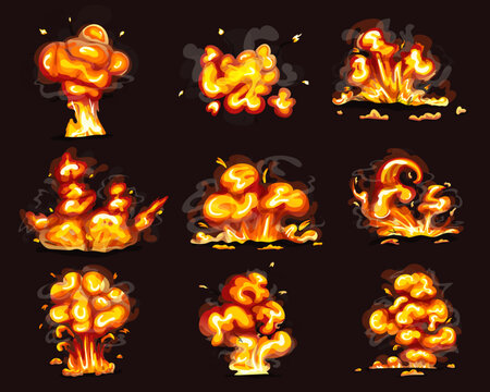Fire explosion ui animation sprite vector set. Cartoon magic hit effect animated kit. Boom clouds and smoke elements for ui game. Atomic comics detonators for mobile animation