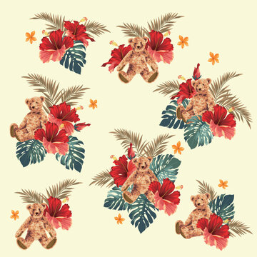 Material collection of cute bears and tropical flowers,