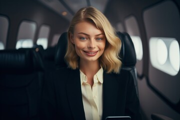 Young smiling businesswoman sitting inside an aircraft