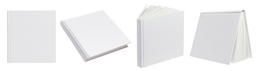 Set of blank white hard cover books, cut out