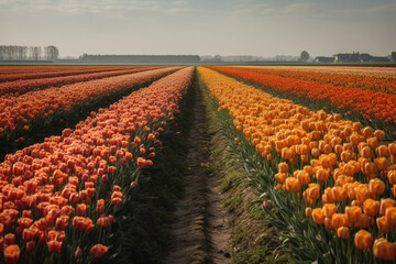 A picturesque view of colorful tulips in the Netherlands. Ai generated.