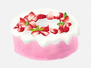 Strawberry Cake, Oil Paint flat hand drawn illustration, Isolated on transparent background,PNG image