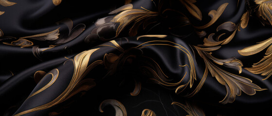 Exquisite photo, a golden silk fabric with an elegant vintage floral pattern creates an atmosphere of opulence, showcasing timeless style and artistry for high-end fashion and decor. Generative AI.