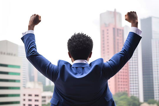 Successful businessman raising hand and expressing positivity while standing against skyscrapers background