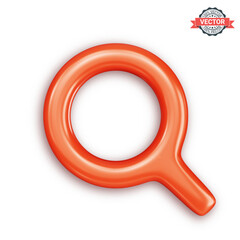 Red glossy loupe or magnifying glass icon. Magnifier icon isolated on white background. Realistic 3D vector graphics in plastic cartoon style
