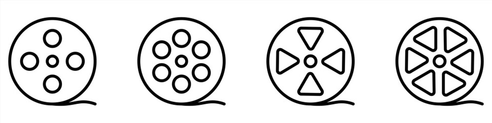 Film reel icon set. Black movie reel icon in vintage style. Old retro reel with film strip collection. Vector illustration